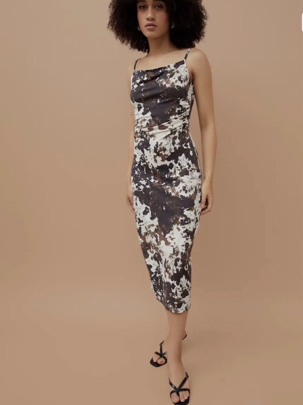 Ginger G Brown & White Abstract Cowl Neck Midi Dress